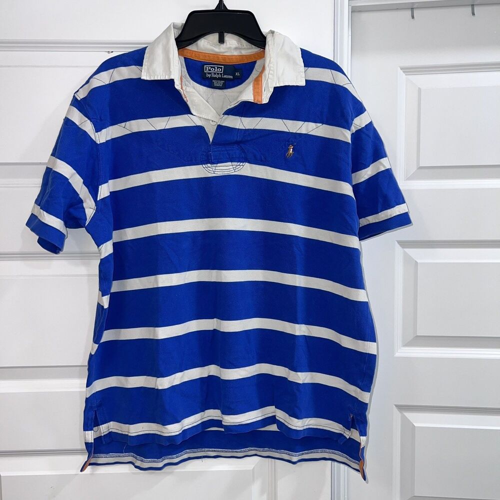 Polo Ralph Lauren Rugby Polo Shirt XL Blue White Striped Quilted Cotton Vintage